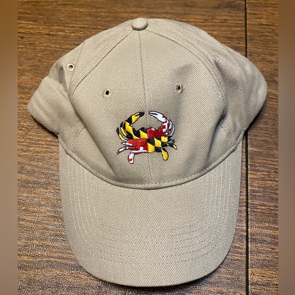 Maryland My Maryland! Cotton Beige Baseball Cap, with Woven State Flag Crab.